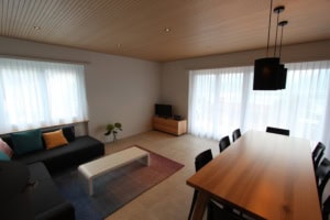 Helles Wohnzimmer mit großen Fenstern, Sofa und Esstisch.