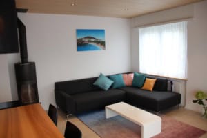 Gemütliches Wohnzimmer mit schwarzem Sofa, Kamin und viel natürlichem Licht.