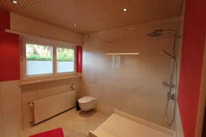 Helles Badezimmer mit Dusche, WC und Fenster, moderne Einrichtung.