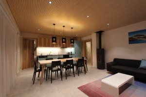 Helle, moderne Wohnküche mit Essbereich und Holzdecke.