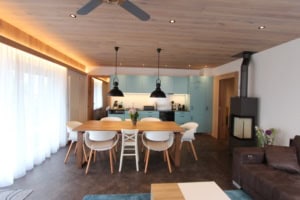 Helle, moderne Küche mit Essbereich und Holzdecke, gemütlicher Wohnbereich.