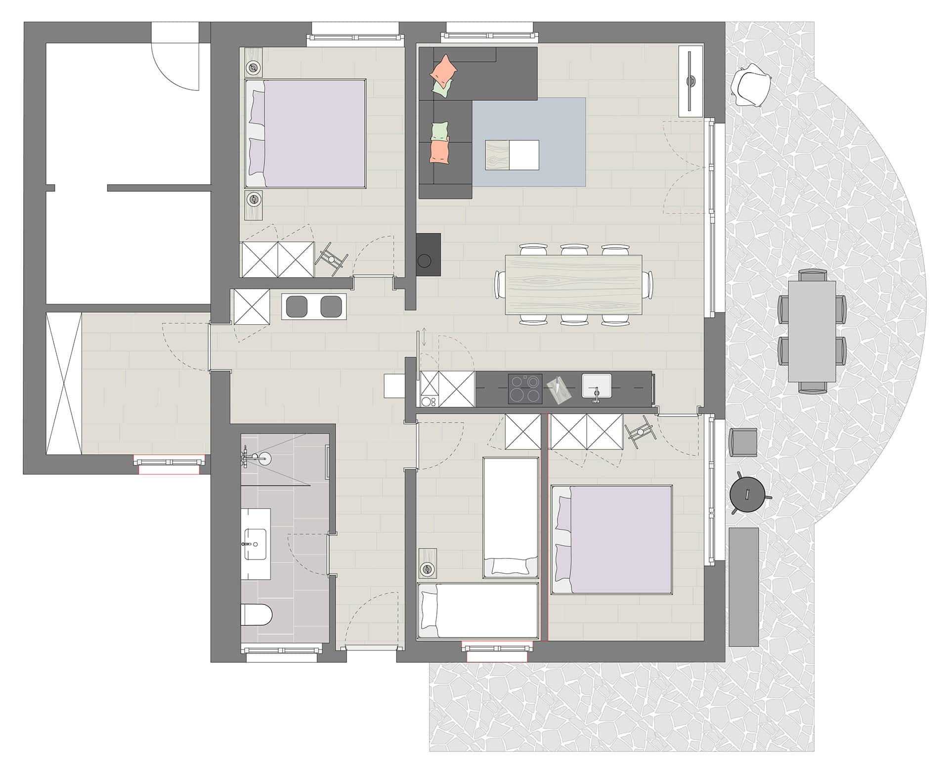 Helle, moderne Wohnung mit zwei Schlafzimmern und Garten in der Schweiz.